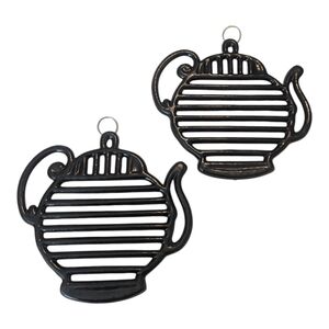 Y2K 2 ODI Teapot Kettle Shaped Black Coated Cast Iron 3 Footed Trivets W Hangers